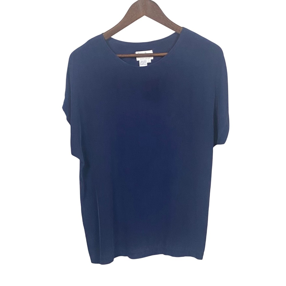 Neiman Marcus Exclusive Navy Blue 100% Silk Short Sleeve Blouse Top L Minimalist